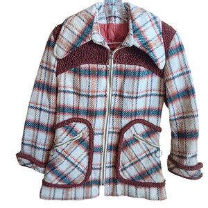S/XS Vintage Hippie Coat Plaid Jacket Sherpa Yoke Ring Zippers 1970's Cowgirl